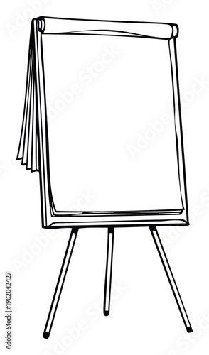 A simple black outline drawing of a blank flip chart on a tripod stand, perfect for visualizing ideas, presenting information, or teaching concepts in business and education environments.