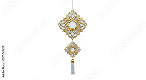 Ornate Gold and White Decorative Hanging Ornament with Tassel