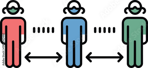 Three people wearing masks and standing apart from each other socially