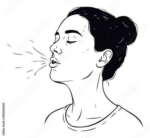 Simple monochrome graphic of a woman in profile with eyes closed, exhaling or blowing air, ideal for conveying ideas of breath, wind, sound, relief, or focus in health, wellness, and