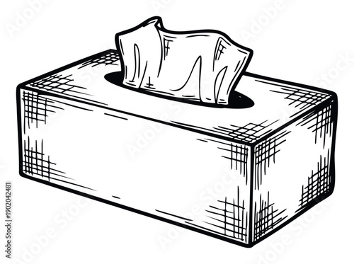 Hand drawn sketch of a rectangular tissue box with a single tissue emerging from the opening, perfect for health and wellness related graphic design projects and instructional print