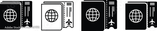 Set of Black and White Minimalist Passport and Flight Ticket Icons Representing International Travel Tourism Immigration Boarding Pass Airplane Vacation and Global Journey Document Design