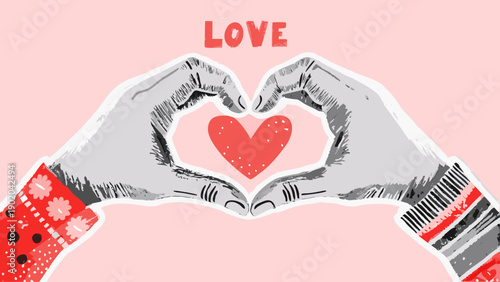 Hands forming heart shape with red background and love text symbolizing affection and care