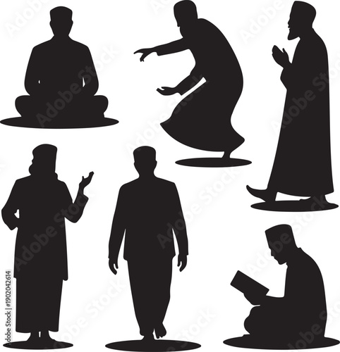 set of black silhouettes of people in various poses on white background