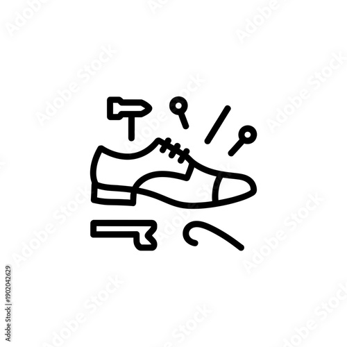 A simple line drawing of a shoe with various repair tools surrounding it