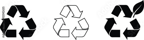 Set of Black and White Minimalist Recycle Symbol Icons Representing Sustainability Waste Management Circular Economy Eco Friendly Environment Green Living Concepts and Plastic Reuse Design