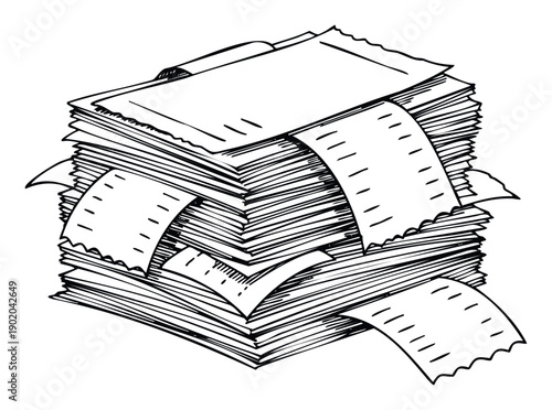 A detailed black and white doodle drawing of a large messy stack of paper documents and receipts representing bureaucracy or overwhelming administrative tasks suitable for business finance
