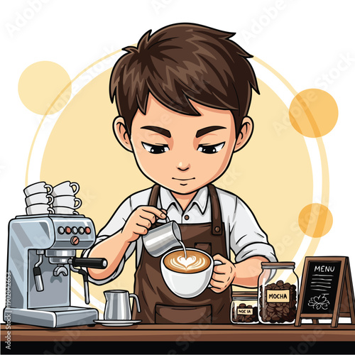 Young Barista Crafting Latte Art with Precision and Skill.