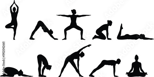 Silhouettes of people demonstrating various yoga poses and exercises, illustrating different positions for fitness and meditation.