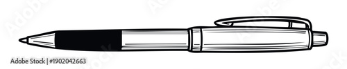 Classic black and white line drawing of a simple ballpoint pen with a visible clip for general office supplies or education themed projects