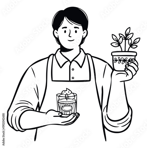 Friendly entrepreneur showcasing a fresh green plant in a pot and a handmade scented candle in a cup, ideal for small business promotions or natural product advertisements.