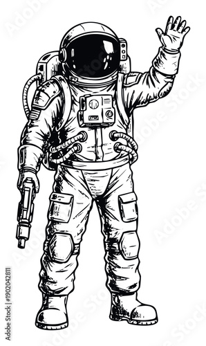 A futuristic astronaut in a detailed space suit holds a laser gun and waves, suitable for science fiction themes, gaming graphics, or educational material