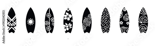 Collection of surfboards with diverse tropical and geometric patterns ideal for summer beach holiday themed graphic projects and vacation advertisements