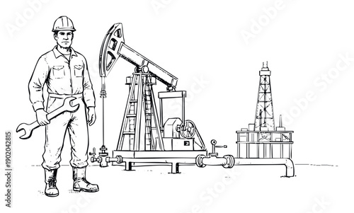 A dedicated oil field worker holding a large wrench stands confidently beside an operating oil pumpjack and a distant drilling rig, ideal for conveying energy production and industrial