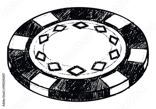 Distressed handdrawn poker chip illustration in black and white for gambling games, casino promotions, or graphic design projects related to luck and entertainment