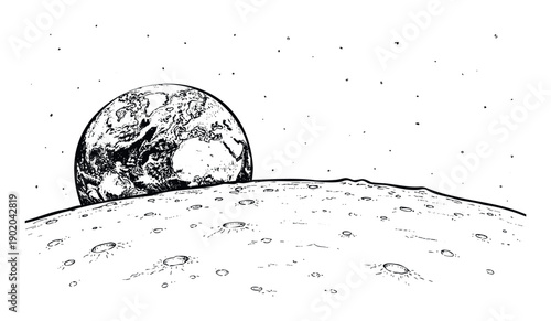 Stunning view of planet Earth rising over the moons cratered surface, perfect for educational materials or any project related to space exploration and astronomy