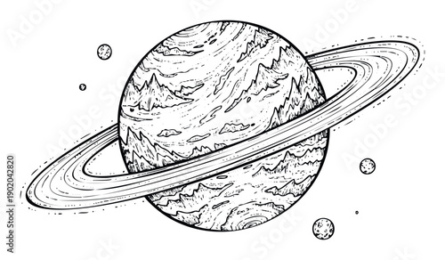 Stylized planetary body with prominent rings and orbiting satellites in a detailed handdrawn style, ideal for educational science content, childrens books, or themed graphic designs.