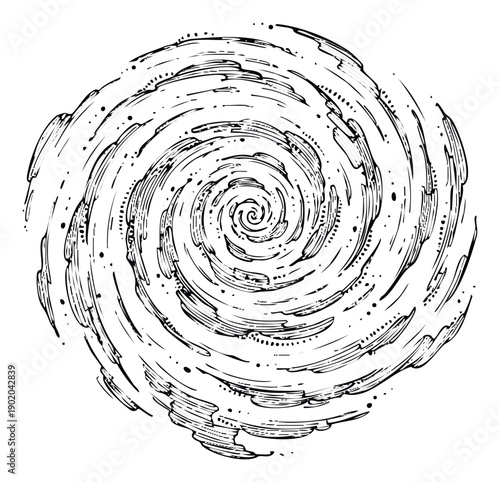 Dynamic hand drawn spiral vortex design with swirling lines and speckles conveying movement and cosmic energy perfect for graphic overlays or conceptual backgrounds in various creative