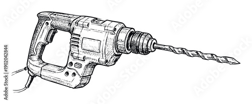 A powerful rotary hammer drill with a fitted masonry bit depicted in a detailed monochrome sketch style, perfect for construction industry advertisements, hardware store promotions, or