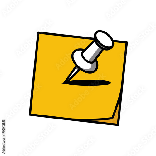 A yellow sticky note with a push pin on a white background