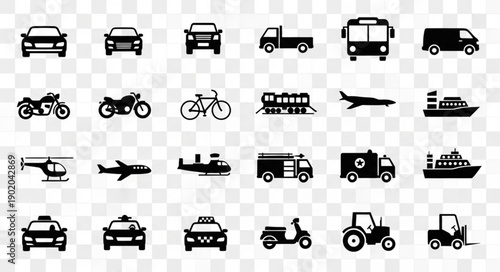 Collection of diverse transportation vehicle icons on transparent background.