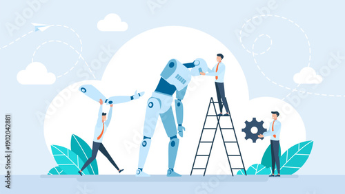Cyborg with errors and mistakes. Chatbot error service. Engineers installing and maintaining an industrial robot. Broken robot and engineer ready to repair. Vector illustration