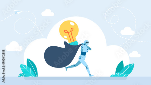 Artificial Intelligence robot steal idea concept, business humanoid artificial intelligence run with light bulb, catch thief. Artificial Intelligence technology. AI. Vector illustration 