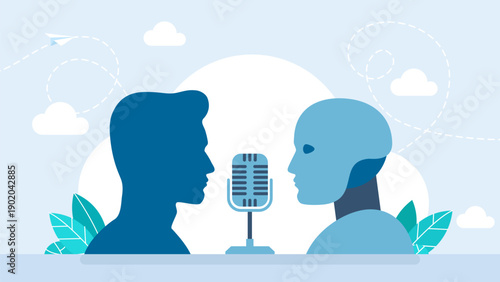 A human and a robot are talking into a microphone. AI technology. Debate. Human and robot conducting discussion on public debates. Artificial intelligence technology. Vector illustration