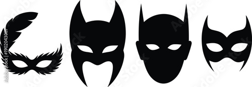 Collection of four distinct black silhouette masks including a feather masquerade mask superhero cowl and cat ear design
