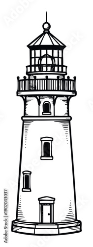 Classic black and white line drawing of a towering nautical lighthouse for maritime safety and coastal navigation themes suitable for educational materials or travel publications.