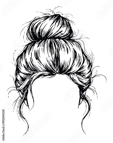 Hand drawn black and white messy bun hairstyle for women looking for a stylish and casual look, perfect for fashion apparel, social media graphics, and beauty salon branding