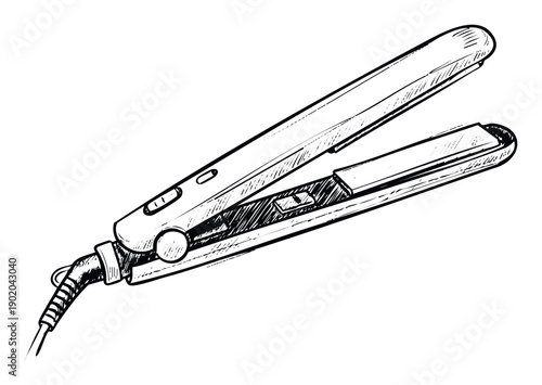 Detailed black and white sketch of a modern electric hair straightener, ideal for beauty salon promotions, haircare blogs, or cosmetic product packaging.