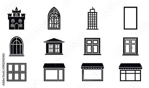 Collection of simple graphic icons representing various building types, windows, and storefronts for architectural diagrams, real estate marketing, and urban design projects