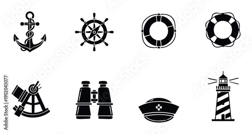 A comprehensive set of essential marine navigation and sea travel symbols, featuring an anchor, ships wheel with compass, lifebuoys, sextant, binoculars, captains hat, and lighthouse, ideal