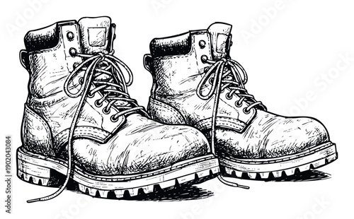 Rugged hand drawn black and white sketch of a pair of hiking boots with laces, perfect for outdoor adventure apparel or vintage workwear promotions.