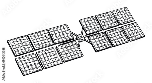 Hand drawn sketch of a satellite with multiple arrays of solar panels extending from a central hub perfect for aerospace technology concepts and renewable energy visualizations