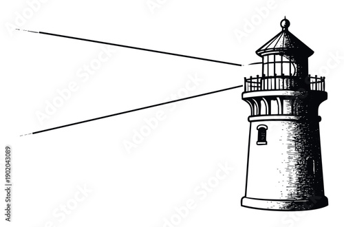 Traditional woodcut style lighthouse illuminating the darkness with radiant light beams, perfect for coastal themes and guiding graphics.