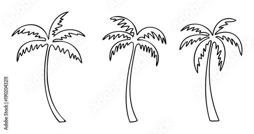 Collection of outlined palm trees symbolizing tropical vacation getaways and beach holidays perfect for travel agency brochures, resort marketing materials, or summer season promotional