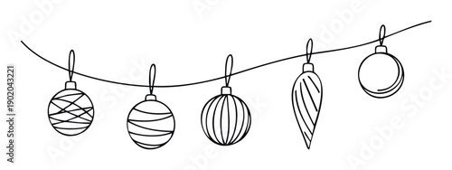 Simple hand drawn black outline festive Christmas ornaments garland hanging gracefully for holiday season celebrations winter event announcements or merry greeting visuals