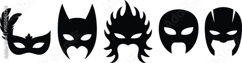 Collection of five stylized black silhouette masks for costumes or masquerade parties with varied designs