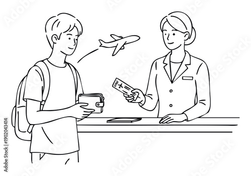 Asian man receiving his airplane ticket from a female airport employee at a checkin counter, perfect for travel agency promotions or airport service advertisements