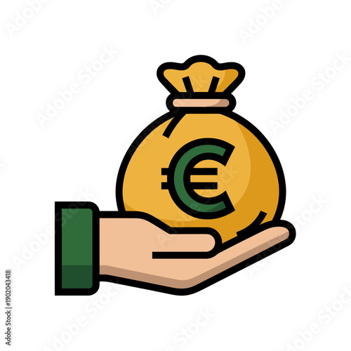 A hand holding a money bag with a euro symbol on it