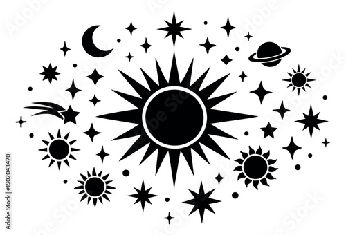 Graphic celestial elements set featuring various suns, moons, stars, and celestial bodies for cosmic and astrological designs