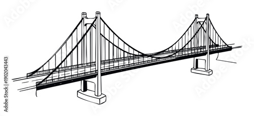 Dynamic line drawing of a classic suspension bridge featuring towering pillars and connecting cables perfect for engineering projects or travel related advertising campaigns