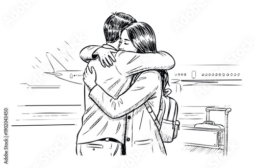 Sketch depicting a heartfelt embrace between a man and a woman in an airport setting representing departure, arrival, and deep emotional connection ideal for romantic and journey stories