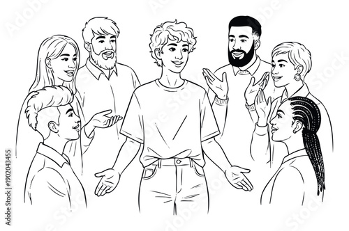 Diverse group of multiethnic people, including Black individuals, with positive expressions engaging in animated discussion, ideal for promoting teamwork, community, and communication in