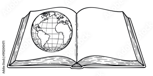 A detailed black and white drawing of an open book displaying a world globe on its left page, representing global education and learning resources for various scholastic projects.
