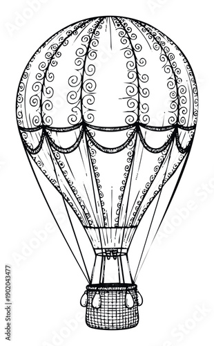 Detailed sketch of an elegant hot air balloon featuring intricate ornamental scrolls and a charming woven basket design suitable for imaginative journey narratives or decorative print