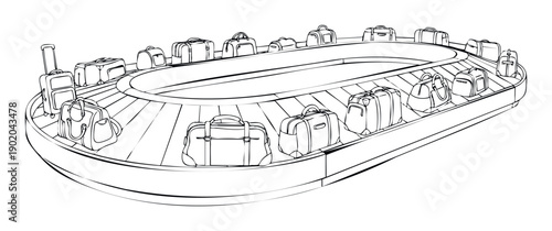 Airport baggage claim carousel loaded with various travel luggage and suitcases illustrating a journey or arrival experience for transportation and vacation advertisements