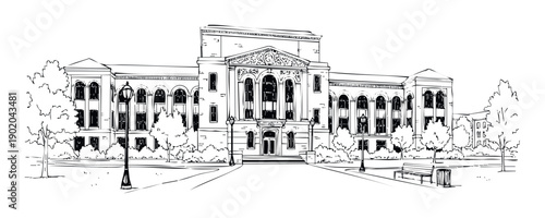Architectural line drawing of a historic university building with classical design and manicured grounds, ideal for educational publications and institutional graphics.
